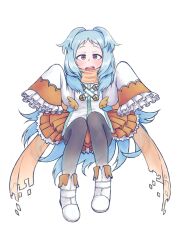 1girl black_pantyhose blue_hair boots commentary_request full_body highres jacket layered_skirt long_hair miyako_(princess_connect!) open_mouth orange_scarf orange_skirt pantyhose pleated_skirt princess_connect! purple_eyes scarf skirt sleeves_past_fingers sleeves_past_wrists solo takeomi_(shitamatsuge) two_side_up very_long_hair white_boots white_jacket
