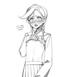 1boy bad_id bad_pixiv_id blush braid breasts clothes_lift commentary_request crossdressing greyscale jojo_no_kimyou_na_bouken korean_text lifting_own_clothes long_hair long_sleeves male_focus monochrome navel nose_blush open_mouth pleated_skirt school_uniform sempon_(doppio_note) serafuku shirt_lift skirt small_breasts solo sweat translation_request trap twin_braids vento_aureo vinegar_doppio