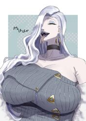 1girl bare_shoulders black_tongue blue_eyeliner blue_eyeshadow blue_lips breasts choker cleavage collarbone dress earrings eyeliner eyeshadow fate/grand_order fate_(series) grey_dress grey_eyeliner hair_over_one_eye hoop_earrings huge_breasts jacket jewelry long_hair looking_at_viewer makeup mmm_www666 off_shoulder mrs._snake_(fate) open_mouth purple_eyeliner ribbed_dress smile solo sweater sweater_dress tassel white_hair white_jacket yellow_eyes
