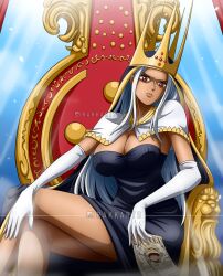 1girl absurdres ass breasts covered_face crown dark-skinned_female dark_skin dress female_focus highres imu_(one_piece) large_breasts long_dress looking_at_viewer looking_back monkey_d._luffy monochrome one-eyed one_piece original picking_up poster rakara11_(rakkarts) shaded_face solo talking thick_thighs thighs very_long_dress wanted_poster