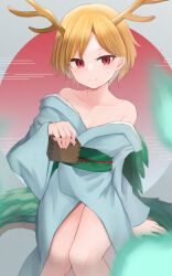 Rule 34 | 1girl, absurdres, antlers, blonde hair, blue kimono, dakuazu, dragon girl, dragon horns, dragon tail, happy new year, highres, horns, japanese clothes, kicchou yachie, kimono, looking at viewer, new year, red eyes, short hair, tail, touhou, turtle shell, yellow horns
