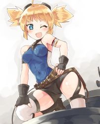 10s 1girl ;d bare_shoulders belt black_gloves blonde_hair blue_eyes blush covered_navel fang female_focus fingerless_gloves gloves goggles goggles_on_head granblue_fantasy looking_at_viewer naka_akira one_eye_closed open_mouth pengie short_hair short_shorts short_twintails shorts smile solo twintails