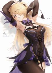 1girl arm_behind_head armpits arms_up asymmetrical_legwear black_pantyhose black_ribbon blonde_hair blush bow bowtie breasts bridal_gauntlets brown_pantyhose brown_sleeves brown_thighhighs chinese_commentary commentary_request cowboy_shot dress english_text eyepatch unworn_eyepatch fischl_(genshin_impact) garter_straps genshin_impact green_eyes hair_over_one_eye hair_ribbon highres l_ract leaning_back long_hair looking_at_viewer medium_breasts pantyhose parted_lips purple_bow purple_bowtie purple_dress ribbon single_leg_pantyhose single_thighhigh solo thighhighs two_side_up uneven_legwear very_long_hair white_background