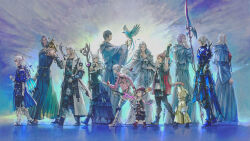 5girls 6+boys alisaie_leveilleur alphinaud_leveilleur animal_ears animal_hood arm_up armor bird black_dress black_hair black_robe black_scarf blue_bird breastplate capelet cat_boy cat_ears cat_hood cat_tail coat dragoon_(final_fantasy) dress elezen elf emet-selch estinien_varlineau final_fantasy final_fantasy_xiv full_body fur-trimmed_dress fur_trim g&#039;raha_tia greaves group_picture hat_feather hatching_(texture) hermes_(ff14) holding holding_polearm holding_staff holding_weapon hood hood_down hood_up hooded_capelet hythlodaeus hyur jacket krile_baldesion_(ff14) lalafell lance mask mask_around_neck miqo&#039;te mogi_yuusuke multiple_boys multiple_girls official_art pauldrons pink_jacket pointy_ears polearm ponytail profile purple_hair red_hair reflective_floor robe running scarf short_hair shoulder_armor smile sophist&#039;s_robe_(ff14) staff standing tail tataru_taru thancred_waters third-party_source unworn_mask urianger_augurelt venat_(ff14) walking weapon white_capelet white_coat white_hair white_robe wide_sleeves y&#039;shtola_rhul