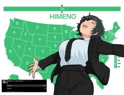 1girl 2024_us_election black_necktie black_suit breasts celebelian chainsaw_man character_name election eyepatch formal_clothes highres himeno_(chainsaw_man) jeb_wins_(meme) map meme necktie shirt short_hair smile solo standing suit united_states white_shirt