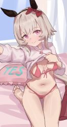 1girl absurdres alternate_costume animal_ears bed black_hairband blanket blush bow breasts clothes_lift commentary_request curren_chan_(umamusume) curtains ear_bow ear_covers feet front-tie_bra grey_hair hairband highres horse_ears horse_girl horse_tail indoors lifting_own_clothes medium_breasts navel on_bed pillow pink_eyes pink_sweater red_bow short_hair sitting smile soles stomach sweater sweater_lift tail toes umamusume wariza xiao_juicai yes-no_pillow