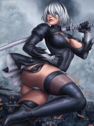 1girl 2b_(nier:automata) absurdres ass boots breasts city cleavage feet flowerxl gloves high_heel_boots high_heels highres large_breasts nier nier:automata nier_(series) panties platinum_hair rain solo square_enix sword thighhighs underwear weapon