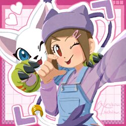 Rule 34 | 1girl, aioka (aichiu kuchiu), blue overalls, body fur, brown eyes, brown hair, cat, digimon, digimon adventure, digimon adventure: (2020), hat, heart, one eye closed, overalls, pink background, purple hat, purple shirt, selfie, shirt, short hair, simple background, tail, tail ornament, tail ring, tailmon, tongue, tongue out, white fur, yagami hikari