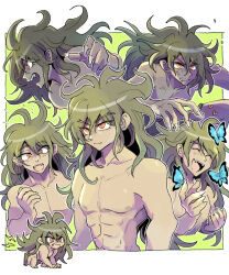 1boy abs blue_butterfly bug butterfly clenched_teeth collarbone danganronpa_(series) danganronpa_v3:_killing_harmony eyelashes fingernails gokuhara_gonta green_hair hair_between_eyes happy heart highres injury insect kumakoro_(tetsupag) long_hair male_focus messy_hair multiple_views open_mouth orange_eyes pectorals sharp_fingernails teeth topless_male v-taper