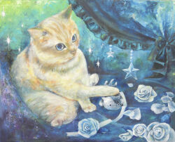 Rule 34 | animal, animal focus, blue background, blue eyes, cat, commentary request, curtains, flower, gradient background, highres, no humans, oil painting (medium), okemai, original, painting (medium), rose, sitting, sparkle, star ornament, stuffed animal, stuffed cat, stuffed toy, traditional media, white flower, white petals, white rose