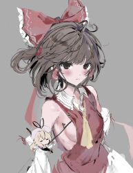 Rule 34 | 2girls, armpits, ascot, bare shoulders, blonde hair, blush, bow, breasts, brown eyes, brown hair, closed eyes, closed mouth, clothing aside, detached sleeves, dress, expressionless, gap (touhou), grey background, hair tubes, hakurei reimu, hat, highres, holding, holding stick, looking at viewer, medium breasts, medium hair, mini person, mob cap, multiple girls, purple dress, red bow, red shirt, sesmkun, shirt, sideboob, sleeveless, sleeveless shirt, stick, touhou, upper body, yakumo yukari, yellow ascot