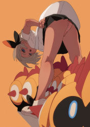 1girl alternate_costume bea_(pokemon) bent_over black_hairband black_skirt blue_eyes bow bow_hairband commentary_request dark-skinned_female dark_skin eyelashes falinks footwear_bow fu-ta gen_8_pokemon grey_hair hairband highres kneepits nintendo official_alternate_costume open_mouth orange_background orange_shoes panties pantyshot pleated_skirt pokemon pokemon_(creature) pokemon_swsh print_hairband school_uniform shirt shoes short_hair short_sleeves simple_background skirt socks standing striped_clothes striped_panties teeth underwear upper_teeth_only white_footwear white_shirt