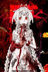 1girl abstract_background albino asymmetrical_gloves blood blood_in_hair blood_on_clothes blood_on_hands braid collar cowboy_shot dress ear_piercing eating elbow_gloves flesh floral_print flower food gloves guro highres holding holding_food long_hair looking_to_the_side meat original piercing red_collar red_eyes red_gloves scar scar_on_arm single_elbow_glove solo tongue twin_braids very_long_hair white_dress white_flower white_hair wuwuren
