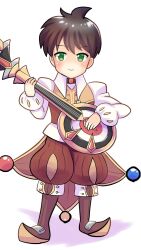 1boy baggy_pants black_hair blush boots brown_boots brown_pants brown_vest closed_mouth clown_(ragnarok_online) collared_shirt commentary_request full_body green_eyes highres holding holding_instrument instrument long_sleeves looking_at_viewer lute_(instrument) male_focus pants ragnarok_masters ragnarok_online shirt short_hair simple_background smile solo sugata_ubo vest white_background white_shirt