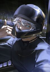 Rule 34 | 1boy, absurdres, black choker, black jacket, blue eyes, choker, city lights, cityscape, commentary, english commentary, helmet, highres, honkai: star rail, honkai (series), jacket, jewelry, looking at viewer, male focus, motorcycle helmet, neck tattoo, night, night sky, phainon (honkai: star rail), ring, selfie, short hair, sky, solo, sun symbol, sun tattoo, tan, tattoo, toriumu, white hair