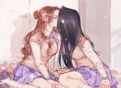 2girls absurdres anssel3 black_hair black_nails blush bow bowtie brown_hair brown_sweater_vest cherry_blossoms collared_shirt commentary contemporary earrings falling_petals genderswap genderswap_(mtf) green_eyes he_xuan highres jewelry juice_box kiss long_hair multiple_girls petals pleated_skirt purple_bow purple_bowtie purple_skirt shi_qingxuan shirt sitting skirt sweater_vest tianguan_cifu white_shirt yuri