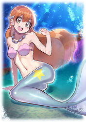 1girl arm_up armpits bare_shoulders bikini bikini_top_only blue_background blue_eyes breasts cleavage collarbone earrings full_body groin gym_leader hair_between_eyes highres jewelry light_rays looking_at_viewer medium_breasts mermaid mermaid_misty_(pokemon) misty_(pokemon) monster_girl navel necklace nintendo ocean open_mouth orange_hair partially_submerged partially_underwater_shot pearl_hair_ornament pearl_necklace pink_bikini pokemon pokemon_(anime) pokemon_(classic_anime) smile solo star_(symbol) stomach swimsuit teeth underwater upper_teeth_only water_drop wet yasu_suupatenin