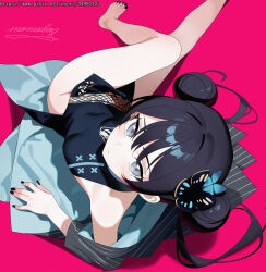1girl absurdres bare_legs barefoot black_hair black_nails blue_archive breasts butterfly_hair_ornament china_dress chinese_clothes double_bun dress from_above hair_bun hair_ornament highres jacket kisaki_(blue_archive) long_hair looking_at_viewer looking_up momobug22 nail_polish open_clothes open_jacket sitting small_breasts solo toenail_polish toenails twintails very_long_hair