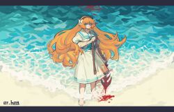 1girl absurdres alternate_costume beach blue_neckerchief bow brown_hairband dress er_hea freckles full_body hair_bow hairband highres holding holding_weapon ishmael_(project_moon) limbus_company long_hair looking_at_viewer neckerchief orange_hair project_moon sailor_collar solo standing very_long_hair water weapon white_bow white_dress white_sailor_collar yellow_eyes