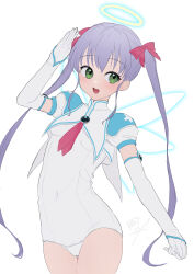 1girl absurdres akycoo arm_up armor bow cowboy_shot djibril_aries elbow_gloves fairy_wings gloves hair_bow halo highres jinno_hikari long_hair makai_tenshi_djibril makai_tenshi_djibril_2 necktie one-piece_swimsuit pauldrons pink_bow pink_necktie purple_hair shoulder_armor sidelocks simple_background swimsuit twintails very_long_hair white_gloves white_one-piece_swimsuit wings