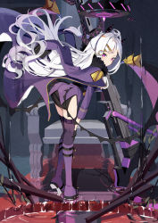 1girl absurdres ahoge arm_support armband armchair ass belt_boots bent_over black_gloves black_skirt blue_archive boots chair coat coat_on_shoulders commentary_request demon_horns demon_wings forehead from_behind full_body fur_collar gloves gun hair_ornament hairclip halo highres hina_(blue_archive) horns knee_boots leaning_forward long_coat long_hair long_sleeves looking_at_viewer looking_back low_wings machine_gun mg42 military military_uniform miniskirt multiple_horns parted_bangs purple_coat purple_eyes side_slit sidelocks skirt solo tachi-e thighhighs weapon white_hair wings yuki_hishaku zettai_ryouiki