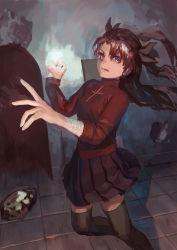 1girl absurdres action bad_id bad_pixiv_id black_bow black_hair black_skirt black_thighhighs bow casting_spell cross damaged doorway fate/stay_night fate_(series) gandr_shot glowing glowing_lines hair_bow highres indoors ishidah lips long_hair magic magic_crest miniskirt neon_trim purple_eyes red_shirt shirt sigil skirt sleeves_pushed_up spread_fingers thighhighs tile_floor tiles tohsaka_rin twintails two_side_up zettai_ryouiki