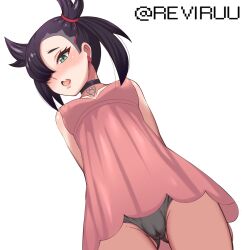 Rule 34 | 1girl, absurdres, asymmetrical bangs, black choker, black hair, blush, breasts, cameltoe, choker, collarbone, commentary, covered erect nipples, dress, earrings, english commentary, eyelashes, fang, green eyes, hair ribbon, highres, jewelry, looking down, marnie (pokemon), nintendo, open mouth, paid reward available, panties, pink dress, pokemon, pokemon swsh, red ribbon, reviruu, ribbon, simple background, skin fang, sleeveless, sleeveless dress, solo, tongue, twintails, twitter username, underwear, white background