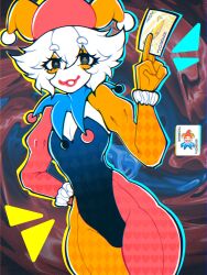 1boy abstract_background balatro black_eyes black_leotard blue_collar bodysuit breasts bulge card cleavage clown clown_boy club-shaped_pupils collar colored_skin commentary covered_navel english_commentary feet_out_of_frame hair_between_eyes hat highres hosses jester jester_boy jester_cap jimbo_(balatro) leotard looking_at_viewer male_focus mismatched_pupils orange_bodysuit pectoral_cleavage pectorals personification pink_bodysuit playing_card scanlines short_hair solo spade-shaped_pupils trap two-tone_bodysuit white_hair white_skin
