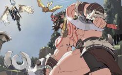 abs armor axe barbarian beastmaster_(dota) dota_(series) dota_2 dual_wielding fighting flying forest helmet holding horns mask muscular muscular_male nature original pectorals skywrath_mage_(dota) staff tooboshoo warrior wings