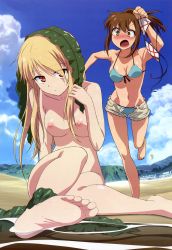 10s 2girls absurdres angry aoyama_nanami arm_up armpits barefoot bikini bikini_under_clothes blonde_hair blue_bikini blush breasts brown_hair building cleavage cloud cutoffs day denim denim_shorts feet foreshortening fujii_masahiro hair_over_one_eye high_ponytail highres holding leaning_forward leg_lift long_hair looking_at_viewer medium_breasts mountain multiple_girls navel non-web_source nude_filter object_on_head ocean on_ground open_fly orange_eyes outdoors outstretched_arm ponytail running sakura-sou_no_pet_na_kanojo sand scan seaweed shiina_mashiro short_shorts shorts side-tie_bikini_bottom sideboob sidelocks sitting sky soaking_feet soles string_bikini swimsuit swimsuit_under_clothes third-party_edit toes topfreedom topless_female unbuttoned underboob unworn_bikini_top unzipped water wet wet_hair yellow_eyes