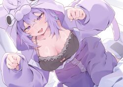1girl :d absurdres barefoot breasts camisole cat_girl cat_tail character_hood cleavage commentary_request crossed_bangs double-parted_bangs dutch_angle fang grey_camisole hair_between_eyes hand_up hands_up highres hololive hood hood_up indoors jknor kneeling large_breasts looking_at_viewer messy_hair midriff navel nekomata_okayu nekomata_okayu_(membership) official_alternate_costume okanyan_(nekomata_okayu) on_bed open_mouth pajamas partially_unbuttoned pillow purple_eyes purple_hair purple_pajamas purple_shorts short_hair short_shorts shorts smile solo tail virtual_youtuber