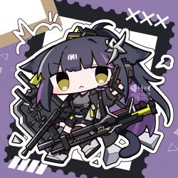 1girl :&lt; animal_ears arknights artist_name ballistic_shield black_hair black_shorts black_tail breasts cat_ears cat_girl cat_tail ear_protection ears_down green_eyes gun hair_ornament handgun headset highres holding holding_gun holding_weapon jacket jessica_(arknights) jessica_the_liberated_(arknights) long_hair looking_at_viewer multicolored_hair ponytail purple_hair rasarasu shield shorts solo streaked_hair tail thighhighs twitter_username weapon