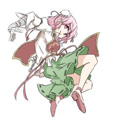 1girl amputee bandaged_arm bandages breasts bun_cover chain chinese_clothes cuffs double_bun female_focus flower hair_bun highres ibaraki_kasen looking_at_viewer pink_eyes pink_flower pink_hair pink_rose puffy_sleeves ribbon rose shackles short_hair simple_background skirt smile solo tabard tarumaru touhou white_background
