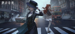 2girls aristocratic_clothes black_coat blonde_hair brooch building bus car coat double-decker_bus dress fog formal_clothes frilled_dress frills green_eyes hat hat_over_one_eye highres jewelry logo london motor_vehicle multiple_girls official_art one_eye_covered outdoors red_hair reflection reverse:1999 road sonetto_(reverse:1999) standing steam street suit thighhighs tuxedo vertin_(reverse:1999) white_thighhighs yellow_eyes yetecong