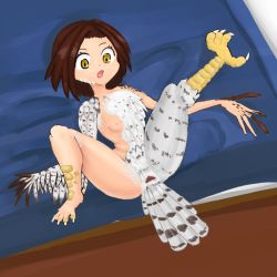 :o animal_feet ass barefoot bed bed_sheet bird_legs bird_tail bird_wings blush breasts brown_feathers brown_hair claws cloaca eyebrows_hidden_by_hair feathered_wings feathers feet from_above harpy legs legs_up looking_down lying monster_girl nipples noiraada on_back on_bed open_mouth original pussy scales shiny_skin short_hair small_breasts spots spread_legs tail talons thighs transformation white_feathers wings yellow_eyes