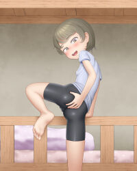 1girl absurdres ass barefoot bike_shorts black_shorts blush brown_eyes brown_hair cameltoe fat_mons feet female_focus from_behind grabbing_own_ass highres leg_up looking_at_viewer looking_back open_mouth original paid_reward_available sc_naru shirt short_hair short_sleeves shorts smile soles solo standing standing_on_one_leg striped_clothes striped_shirt teeth thighs toes upper_teeth_only