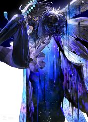 1boy arthropod_boy arthropod_limbs black_hair black_pants blue_eyes cape cloak covering_face crown diamond_hairband dragonfly_wings fate/grand_order fate_(series) fur-trimmed_cape fur-trimmed_cloak fur_trim highres insect_wings long_sleeves looking_at_viewer mismatched_arms oberon_(fate) oberon_(third_ascension)_(fate) pants shirt solo tsugutoku white_shirt wing_cape wings