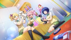 Rule 34 | 3girls, aqua bow, aqua bowtie, bed, bedroom, blonde hair, blue eyes, blue hair, bow, bowtie, breasts, dolphin wave, green bow, green bowtie, green eyes, green skirt, hair bobbles, hair ornament, highres, indoors, izumi kiri, large breasts, medium hair, multiple girls, non-web source, official alternate costume, official art, one eye closed, ootomo takuji, open mouth, pink eyes, pink hair, plaid clothes, plaid skirt, robot, sainan high school uniform, school uniform, short hair, skirt, small breasts, smile, summer uniform, sweater vest, to love-ru, to love-ru darkness, tojou michiru, urami kana, vest, yellow sweater vest, yellow vest