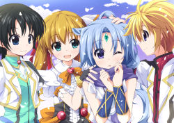 Rule 34 | 10s, 1boy, 3girls, :d, animal ears, cinque izumi, d;, dog days, forehead jewel, gold trim, hand on another&#039;s head, hand on another&#039;s shoulder, horse ears, horse girl, kanzaki sora, multiple girls, one eye closed, open mouth, petals, ponytail, rebecca anderson, scarf, sharu (dog days), smile, takatsuki nanami