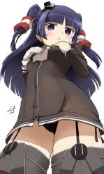 1girl :c amatsukaze_(kancolle) amatsukaze_(kancolle)_(cosplay) black_cat black_dress black_panties blush cat cosplay dress female_focus from_below garter_straps gloves gokou_ruri grey_neckerchief hair_ornament hair_tubes hands_on_own_chest kantai_collection long_hair looking_at_viewer mole mole_under_eye neckerchief ore_no_imouto_ga_konna_ni_kawaii_wake_ga_nai panties pantyshot purple_eyes purple_hair school_uniform serafuku shift_(waage) short_dress single_glove solo standing thighhighs thighs two_side_up underwear upskirt very_long_hair white_gloves
