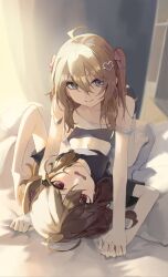2girls absurdres ahoge all_fours bed_sheet black_shirt black_shorts blue_eyes blush broken_heart broken_heart_hair_ornament brown_hair commentary commission english_commentary evil_neuro-sama full_body grin hair_between_eyes hair_ornament hair_ribbon hand_grab heart heart_hair_ornament highres indoors interlocked_fingers long_hair looking_at_viewer lying mbkona multiple_girls neuro-sama on_back open_mouth pillow red_eyes red_ribbon ribbon shirt short_sleeves shorts siblings sidelighting sisters smile twins two_side_up vedal_ai virtual_youtuber white_shirt
