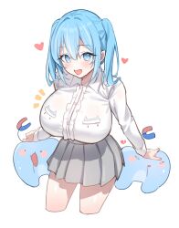 1girl absurdres alternate_breast_size arahashi_tabi blue_eyes blue_hair breast_pocket breasts center_frills collared_shirt cropped_legs frills grey_skirt heart highres large_breasts long_hair long_sleeves looking_at_viewer miniskirt open_mouth picter pleated_skirt pocket pungdangi_(arahashi_tabi) shirt simple_background skirt smile solo stellive sweat thighs twintails virtual_youtuber white_background white_shirt