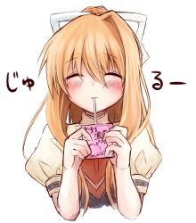 1girl :3 ^_^ absurdres air_(visual_novel) ari_(xxrmsn_008) blonde_hair blush closed_eyes closed_mouth commentary_request cropped_torso drinking facing_viewer hair_ribbon hands_up happy highres holding_carton kamio_misuzu long_hair ponytail puffy_short_sleeves puffy_sleeves ribbon school_uniform shirt short_sleeves sidelocks simple_background single_hair_intake sketch smile solo sound_effects straight-on translation_request upper_body white_background white_ribbon yellow_shirt