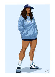 1girl absurdres avatar_legends baseball_cap blue_background blue_eyes border brown_hair commentary commission dark-skinned_female dark_skin english_commentary full_body hands_in_pockets hat highres hood hoodie korra mastrocecchi medium_hair shorts simple_background smirk socks solo standing the_legend_of_korra white_border