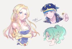 1boy 2girls bandana bare_shoulders blonde_hair blue_eyes breasts celes_chere chisora_(chisora_ra) closed_mouth collarbone elbow_gloves final_fantasy final_fantasy_vi gloves green_hair highres jewelry locke_cole long_hair looking_at_viewer multiple_girls ponytail protected_link simple_background smile tina_branford
