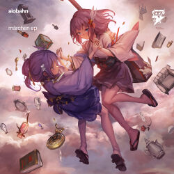 2girls aiobahn album_cover album_name back_bow blue_eyes bob_cut bow cover expressionless falling full_body geta hair_bow hair_ornament hairband highres holding_hands instrument japanese_clothes kanzashi kimono lm7_(op-center) looking_at_another looking_down looking_to_the_side maltine_records multiple_girls multiple_hair_bows pink_clouds pink_hair pink_kimono purple_hair purple_hairband purple_kimono shamisen updo watermark white_hairband wide_sleeves worried
