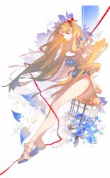 1girl absurdres bare_shoulders birdcage blonde_hair bow breasts cage ereshkigal_(fate) fate/grand_order fate_(series) flower frilled_one-piece_swimsuit frills full_body hair_bow highres long_hair looking_at_viewer madao07979 one-piece_swimsuit red_eyes sandals smile solo space_ereshkigal_(fate) space_ereshkigal_(first_ascension)_(fate) swimsuit two-tone_one-piece_swimsuit two-tone_swimsuit two_side_up white_one-piece_swimsuit