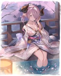 1girl ayacho blue_eyes breasts cherry_blossoms cleavage commission draph fang granblue_fantasy hair_over_one_eye highres horns japanese_clothes kimono large_breasts legs_together narmaya_(granblue_fantasy) narmaya_(yukata)_(granblue_fantasy) onsen petals pink_hair pointy_ears ponytail print_kimono railing sash sitting skeb_commission soaking_feet solo wooden_railing yukata