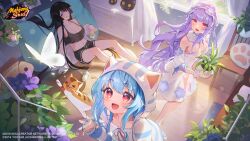 &gt;_&lt; 3girls animal_ear_hood artist_request beer_can black_hair black_shorts blue_hair blunt_bangs breasts bug butterfly can cat chair chest_of_drawers commentary curtains cushion dress drink_can fake_animal_ears fang flower flower_pot hair_flower hair_ornament highres holding holding_flower_pot hood igarashi_haruna indoors insect large_breasts leaf logo long_hair mahjong_soul medium_breasts midriff multiple_girls nadeshiko_(mahjong_soul) official_art official_wallpaper open_mouth plant potted_plant purple_flower purple_hair red_eyes shorts sitting smile standing strapless takanashi_hinata white_dress