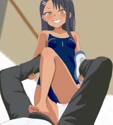 1girl bad_id bad_pixiv_id barefoot bdsm black_hair blue_one-piece_swimsuit blush brown_eyes bulge cbt dark-skinned_female dark_skin denki_anma erection erection_under_clothes feet footjob footjob_over_clothes grin hair_ornament hairclip highres ijiranaide_nagatoro-san long_hair looking_at_viewer nagatoro_hayase one-piece_swimsuit smile soles swimsuit toes